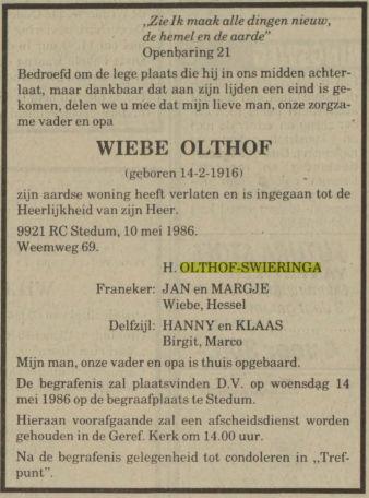 overlijdensadvertentie wiebe olthof on 10 May 1986.